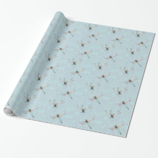 Aqua Blue Dragonflies on Blue Marbled Background Wrapping Paper