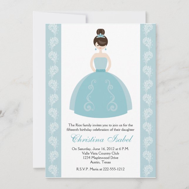 Aqua Blue Dress Brunette Quinceanera Invitations (Front)