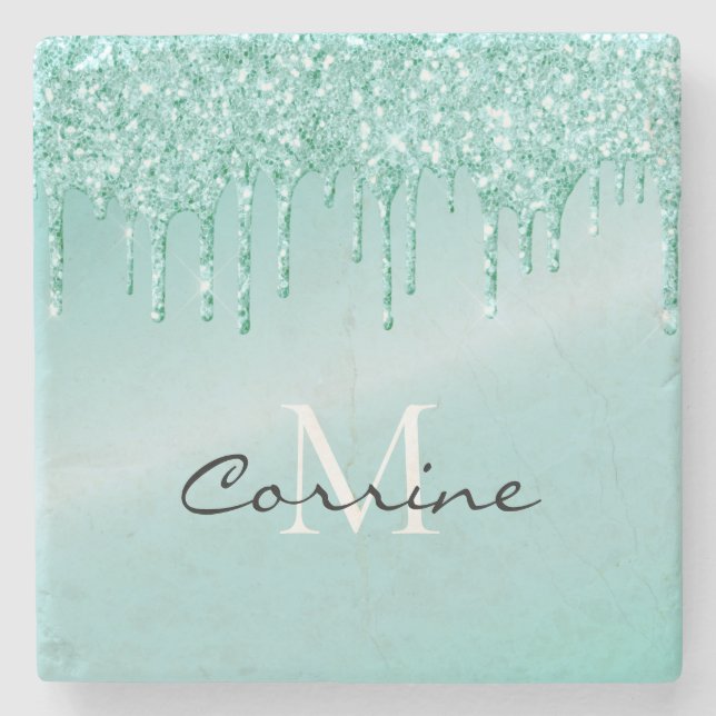 Aqua Blue Dripping Glitter Monogram Name Metallic Stone Coaster (Front)
