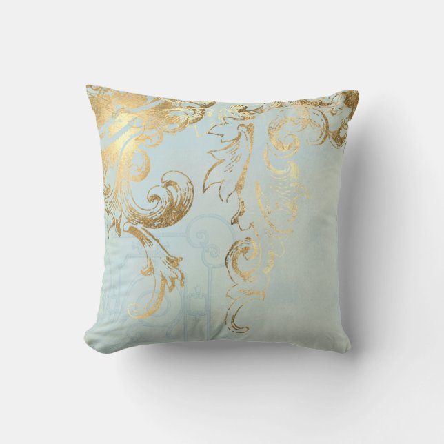 Aqua Blue Elegant Peacock Feathers Gold Scroll Art Cushion (Front)