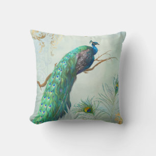 Aqua Blue Elegant Peacock Feathers Tree Branch Cushion