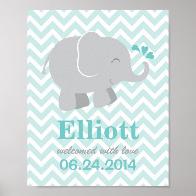 Aqua Blue Elephant | Modern Baby Nursery Poster (Front)