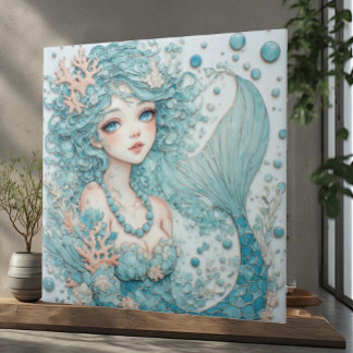 Aqua Blue Eye Mermaid Ocean Fantasy Bubbles Coral Tile