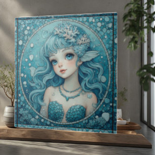 Aqua Blue Eye Mermaid Tropical Ocean Pebbles Coral Tile