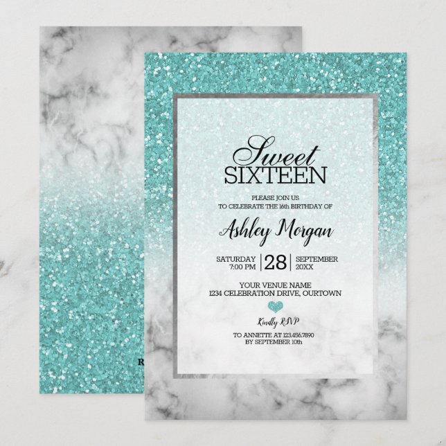 Aqua Blue Faux Glitter and Marble Sweet 16 Party Invitation (Front/Back)