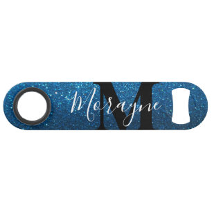 Aqua Blue Faux Glitter Black White Monogram Name