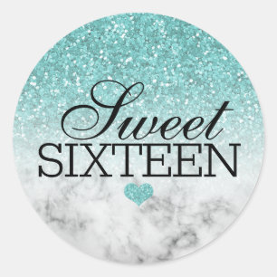 Aqua Blue Faux Glitter/Marble Sweet 16 Classic Round Sticker