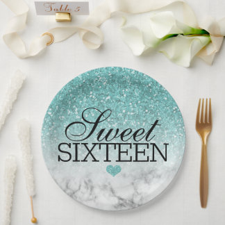 Aqua Blue Faux Glitter/Marble Sweet 16 Paper Plate
