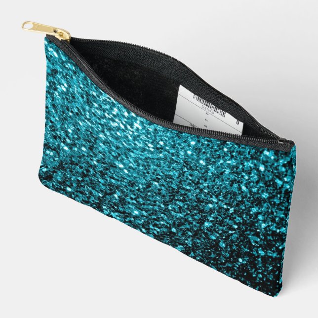 Aqua blue faux glitter sparkles accessory pouch (Open)