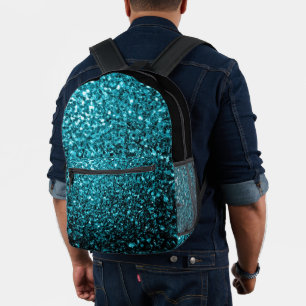 Aqua blue faux glitter sparkles and black printed backpack