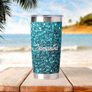 Aqua blue faux glitter sparkles Custom name Insulated Tumbler