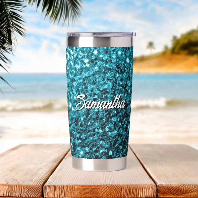 Aqua blue faux glitter sparkles Custom name Insulated Tumbler (Beach)