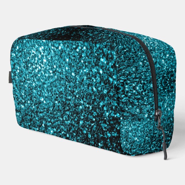 Aqua blue faux glitter sparkles dopp kit (Right Corner)
