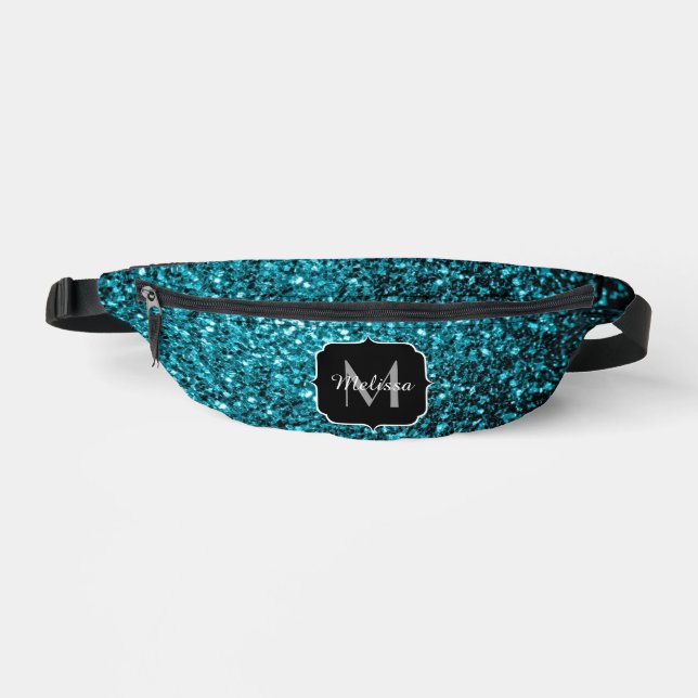 Aqua blue faux glitter sparkles Monogram Bum Bags (Front)