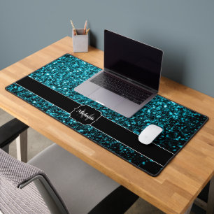 Aqua blue faux glitter sparkles Monogram Desk Mat