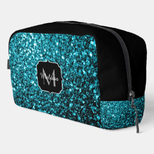 Aqua blue faux glitter sparkles Monogram Dopp Kit