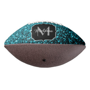 Aqua blue faux glitter sparkles Monogram name American Football