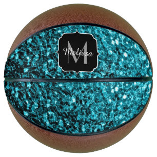 Aqua blue faux glitter sparkles Monogram name Basketball