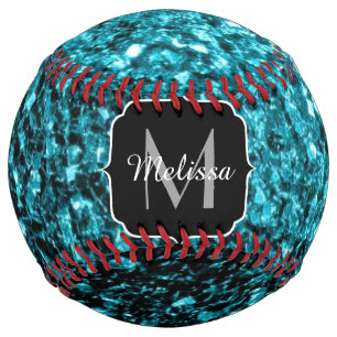 Aqua blue faux glitter sparkles Monogram name Softball