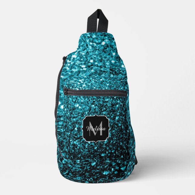Aqua blue faux glitter sparkles Monogram Sling Bag (Front)