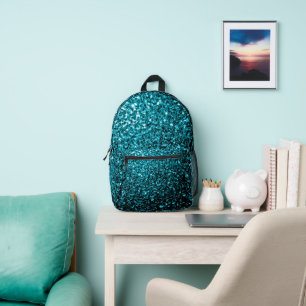 Aqua blue faux glitter sparkles printed backpack