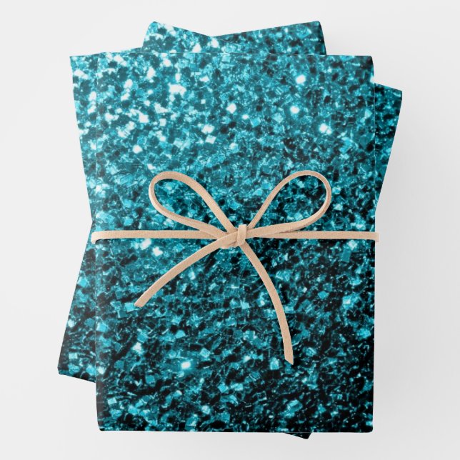 Aqua blue faux glitter sparkles wrapping paper sheet (In situ)