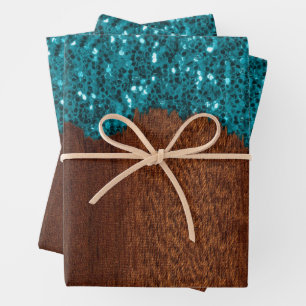 Aqua blue faux sparkles bling rustic wood wrapping paper sheet