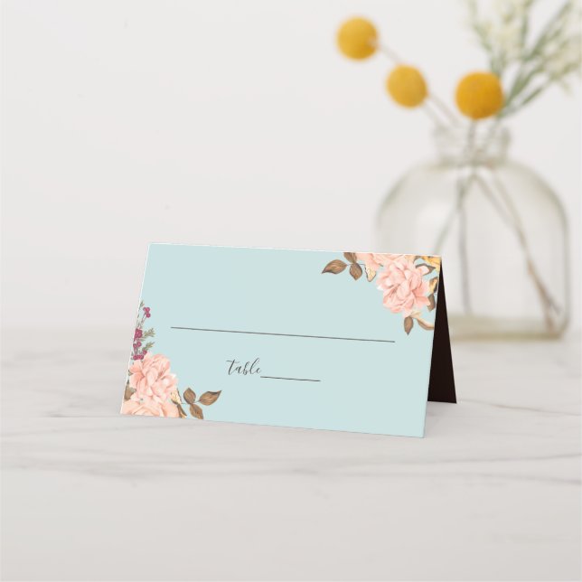 Aqua Blue Featuring Blush Pink Floral Wedding Place Card (Front)