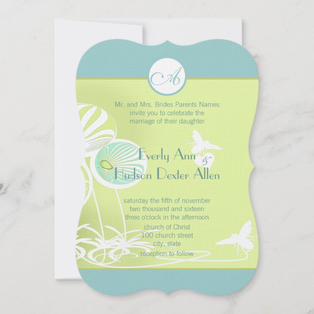 Aqua Blue Floral Bumble Bee Wedding Invitation (Front)