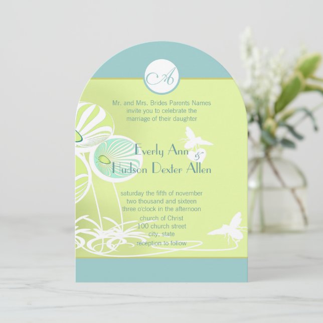 Aqua Blue Floral Bumble Bee Wedding Invitation (Standing Front)