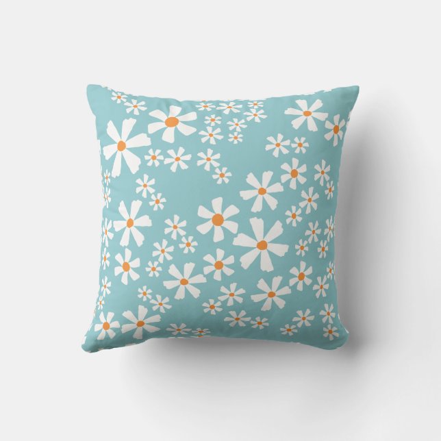 Aqua Blue Floral Daisy Pattern Throw Pillow (Back)