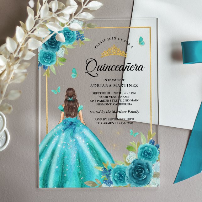 Aqua Blue Floral Dress Butterfly Gold Quinceanera Acrylic Invitations (Creator Uploaded)