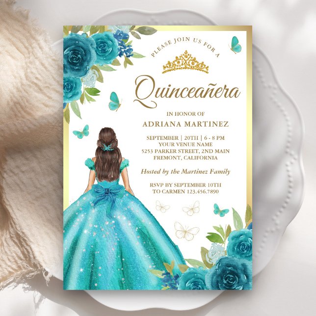 Aqua Blue Floral Dress Butterfly Gold Quinceanera Invitation (Creator Uploaded)