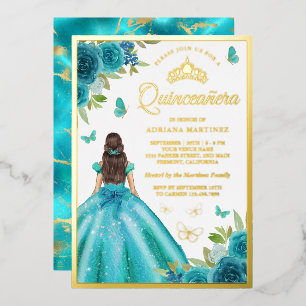 Aqua Blue Floral Dress Butterfly Quinceanera Gold