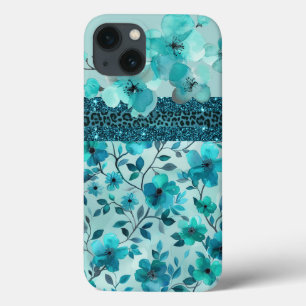 Aqua blue floral faux glitter iPhone 13 case