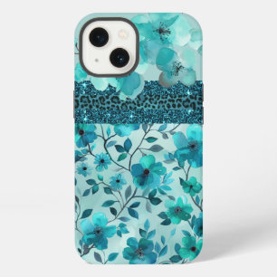 Aqua blue floral faux glitter iPhone 13 case