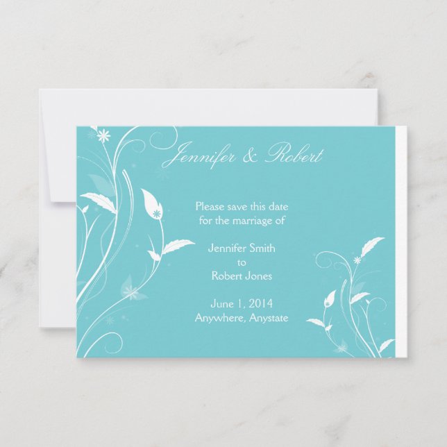 Aqua Blue Floral Filigree Wedding Save the Date (Front)