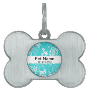 Aqua blue floral graphic design. Elegant, classic Pet Name Tag