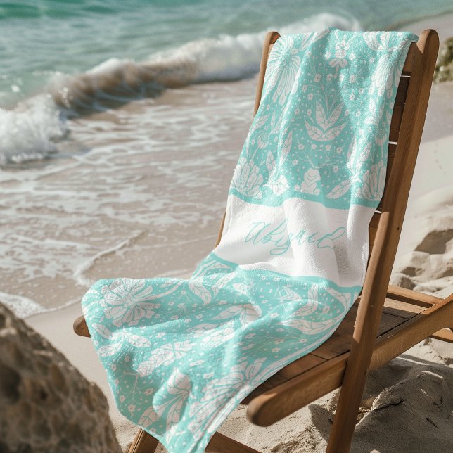 Aqua Blue Floral Personalised William Morris Style Beach Towel (Creator Uploaded)