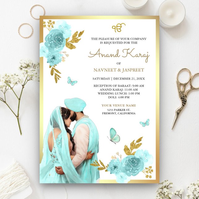 Aqua Blue Floral Punjabi Anand Karaj Sikh Wedding Invitation (Creator Uploaded)