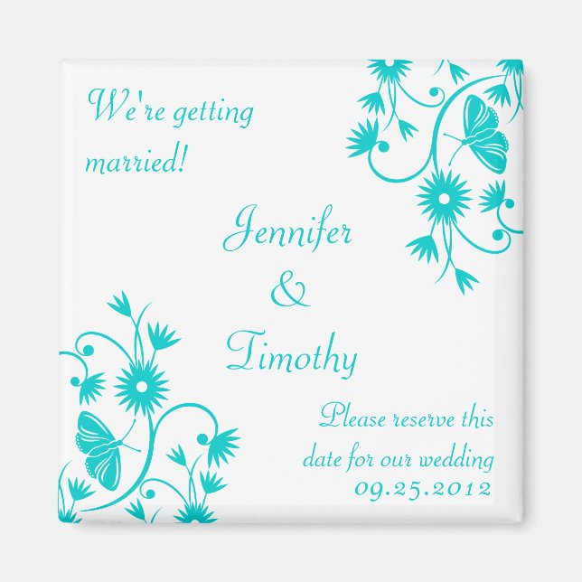 Aqua blue floral save the date magnet (Front)