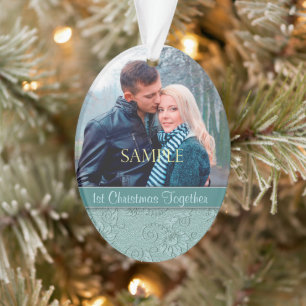 Aqua Blue Floral Swirl First Christmas Template Ornament