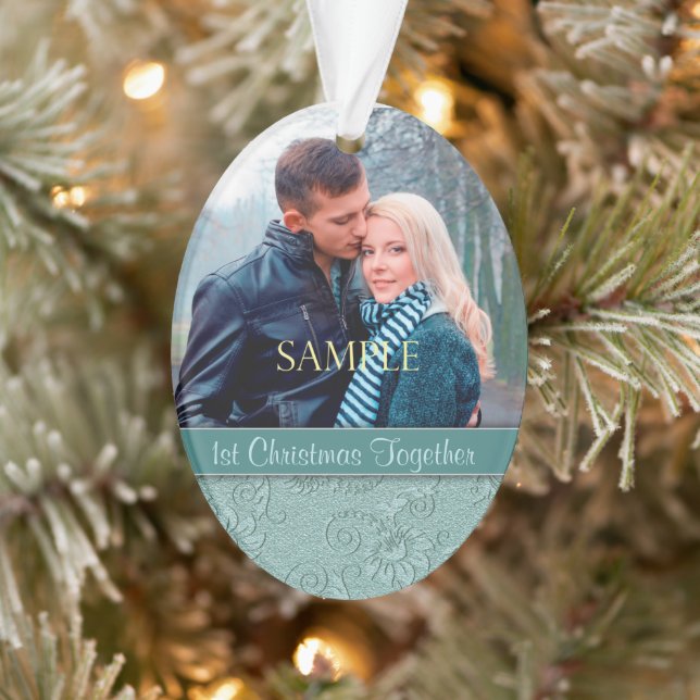 Aqua Blue Floral Swirl First Christmas Template Ornament (Tree)