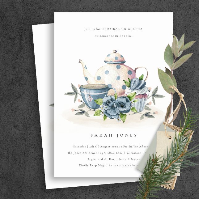 Aqua Blue Floral Teapot Cup Bridal Shower Invite (Creator Uploaded)