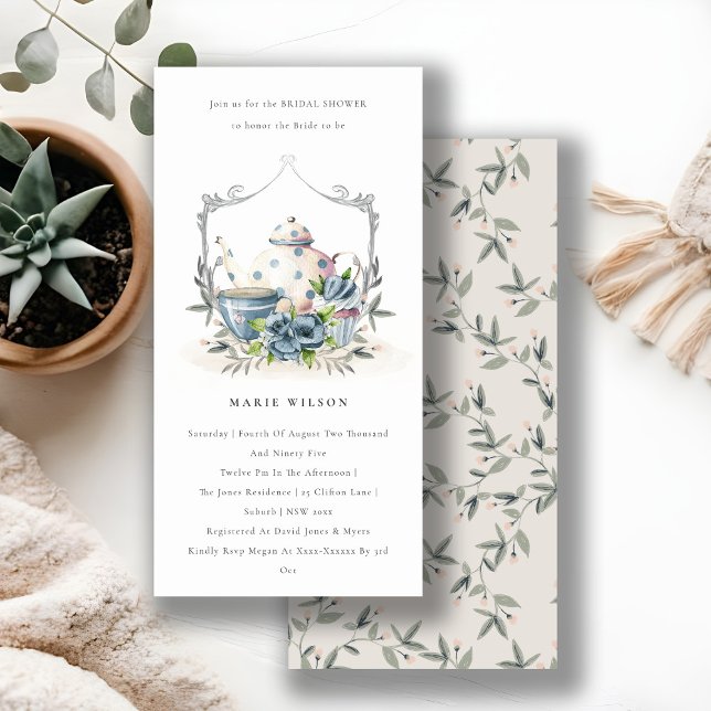 Aqua Blue Floral Teapot Cup Bridal Shower Invite (Creator Uploaded)