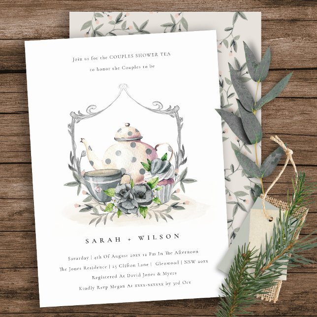 Aqua Blue Floral Teapot Cup Couples Shower Invite (Creator Uploaded)