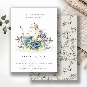 Aqua Blue Floral Teapot Cup Couples Shower Invite