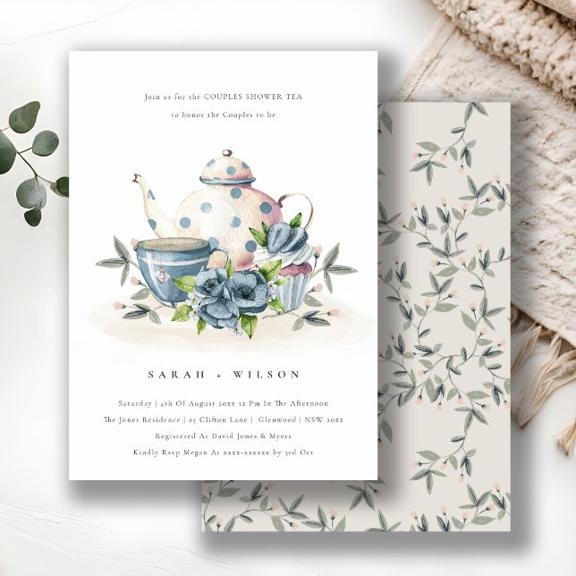Aqua Blue Floral Teapot Cup Couples Shower Invite (Creator Uploaded)