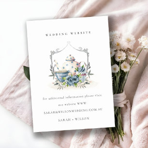 Aqua Blue floral Teapot Cup Crest Wedding Website Enclosure Card
