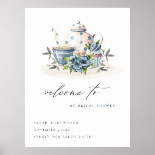 Aqua Blue Floral Teapot Cups Bridal Shower Welcome Poster